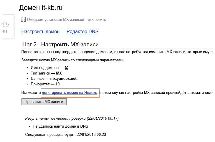 Делегировать домен на DNS-серверы Яндекса. Настройка домена. Почтовый сервер Яндекса. Параметры домена