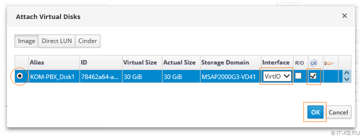 oVirt Administration Portal VM Settings Attach Disk from Storage Domain