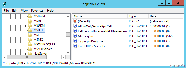 MSDTC SysprepInProgress in Windows registry