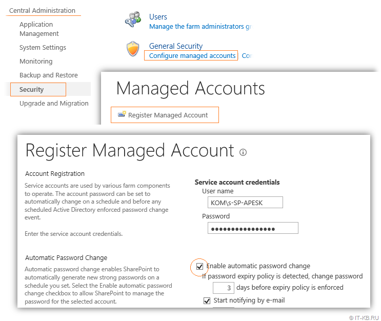SharePoint Server 2016 Managed Account Enable automatic password change in Central Admin UI 