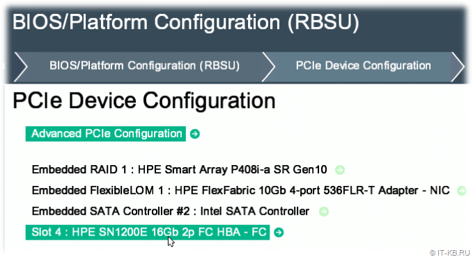 HPE ProLiant Gen10 BIOS Platform Configuration RBSU - Select PCIe Device