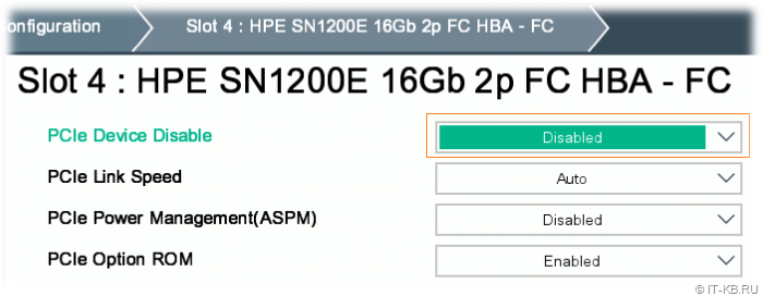 HPE ProLiant Gen10 BIOS Platform Configuration RBSU - Disabled PCIe Device
