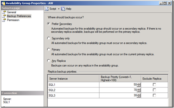 SQL Server 2012 Availability Group Properties - Backup Preferences