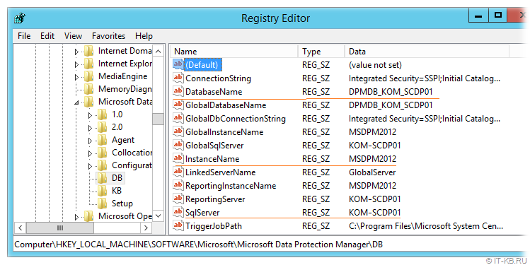 Microsoft Data Protection Manager DPM DB Settings in Registry