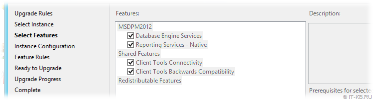 Select Features for in-place upgrade to SQL Server 2016