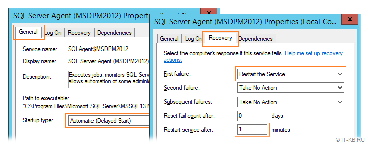 SQL Server Agent (MSDPM2012) service recovery settings