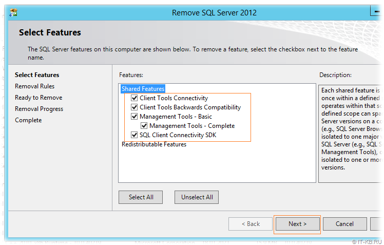 Remove SQL Server 2012 - Select features