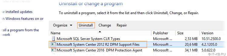 Uninstall Microsoft System Center 2012 R2 DPM Support Files