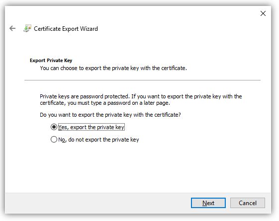 Certificate Export Wizard with exportable private key