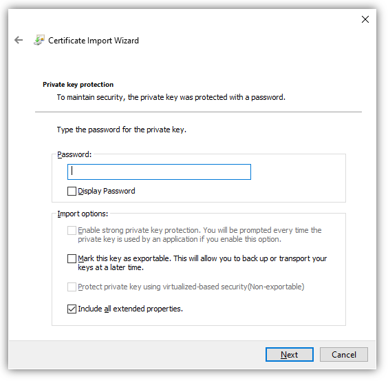 Certificate Import Wizard with a PFX file
