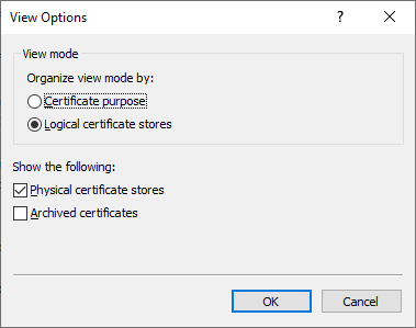 The Certificates MMC View Options with Physical certificate stores selected.
