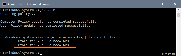 Check WinRM service settings - IPv4 and IPv6 filter from GPO