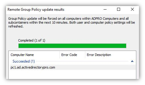 Remote Group Policy update result
