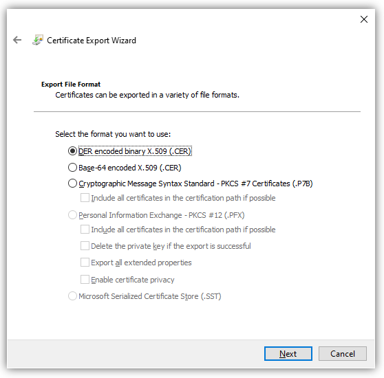 Exporting a certificate with no private key or one that is marked as not exportable