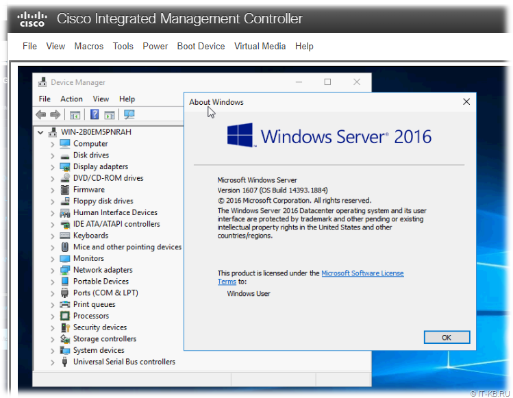 Windows Server 2016 installed in Cisco WSA S695 Server
