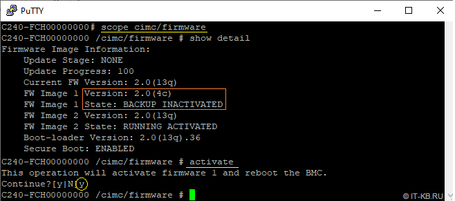 CIMC CLI over SSH - change firmware and activate from Backup Version