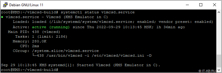 KMS server vlmcsd service state in Debian Linux 11