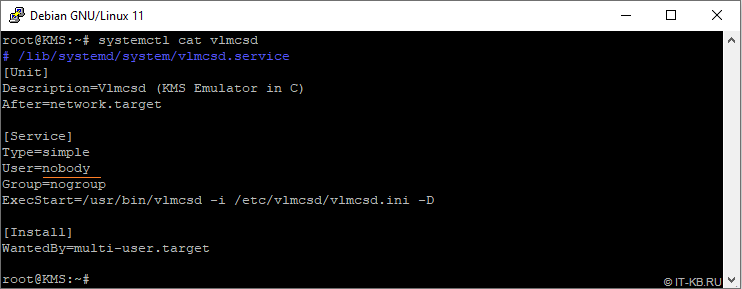 vlmcsd systemd service default settings in Debian Linux 11