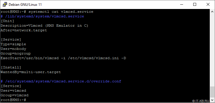 KMS server vlmcsd systemd unit settings in Debian Linux 11