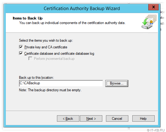 Certification Authority - Backup Wizard