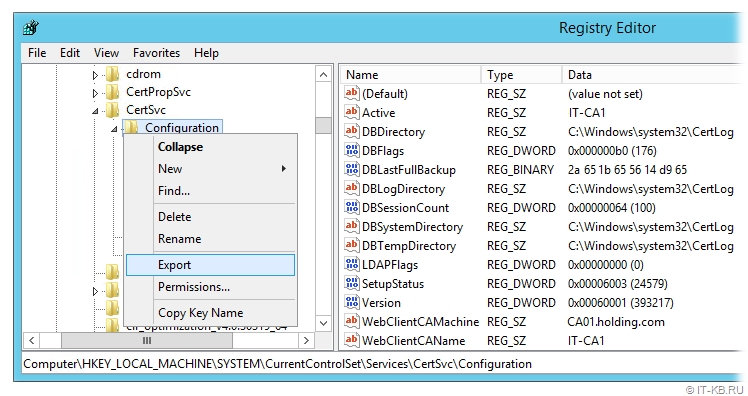 Certification Authority - Backup CA Configuration in Registry