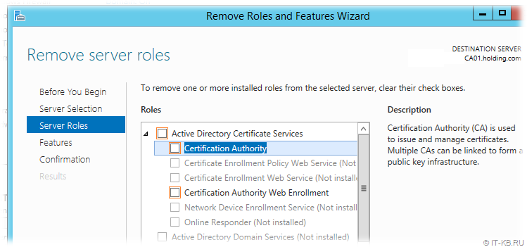 Remove Active Directory Certificate Services role in Server Manager on Windows Server 2012 R2