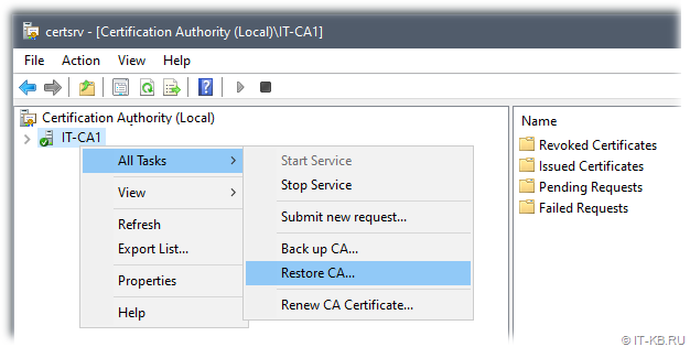 Certification Authority - Restore CA