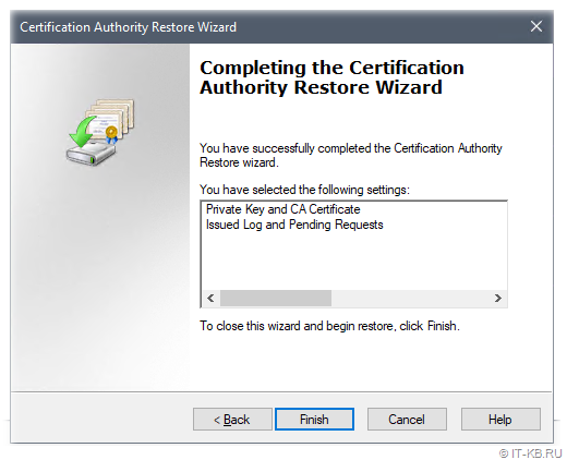 Completing the Certification Authority Restore Wizard