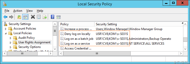 1C gMSA account and Windows Local Security Policy 