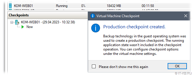 Hyper-V Production checkpoint created