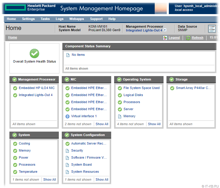 HPE System Management Homepage on Windows Server 2022 on an HPE ProLiant DL380 Gen9 Server