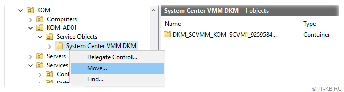 Move System Center VMM DKM container in a ADUC