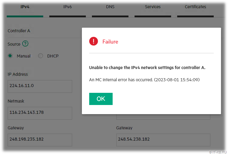 Incorrect display of IPv4 parameters in the SMU interface on the HPE MSA 2062 storage system. MC internal error