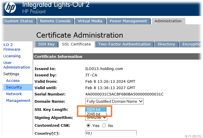 SSL Certificate with a key length of 2048 bit causes the problem of slow operation of the iLO2 web interface