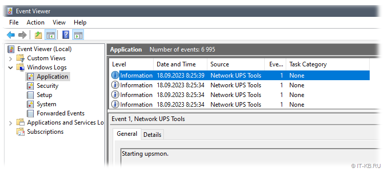 Network UPS Tools (NUT) events in Windows Server eventlog Application