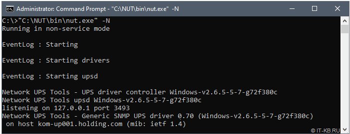 Run Network UPS Tools (NUT) service in debug mode on Windows