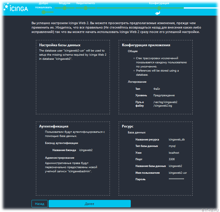 Icinga Web 2 Configuration Wizard - General setup status