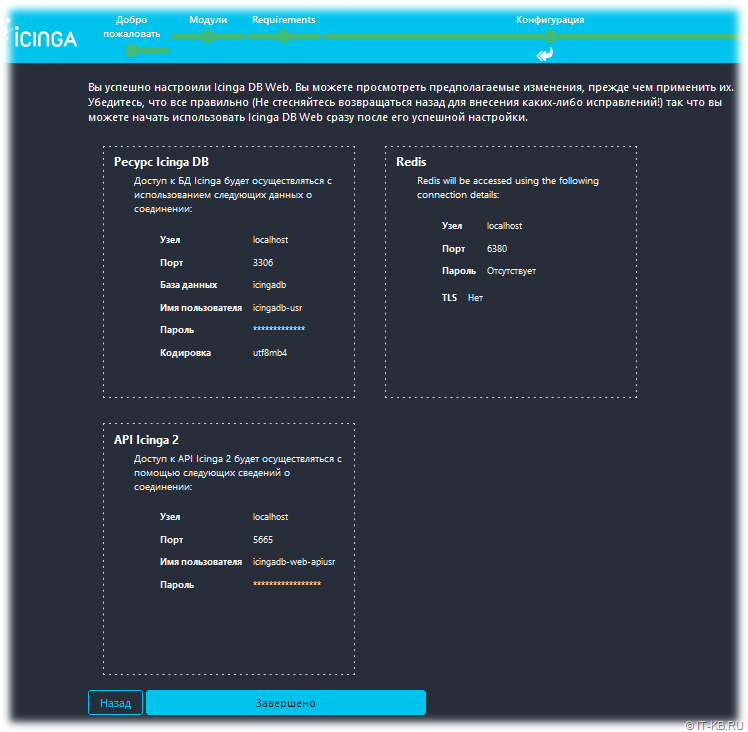 Icinga DB Web Configuration Wizard - General setup status