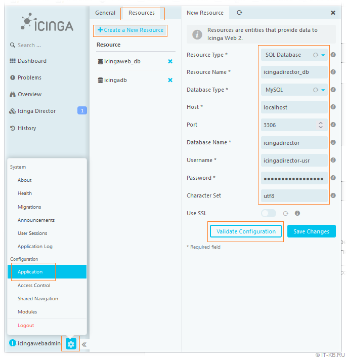 Creating a new Database resource in Icinga Web 2