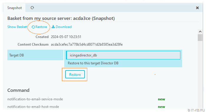 Icinga Director - Restore data from Configuration Basket snapshot