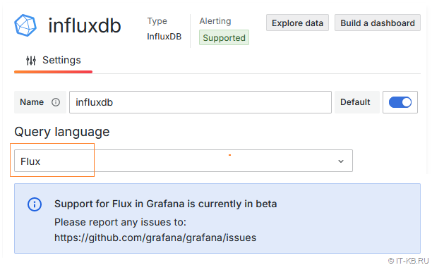 Selecting the Flux query language for InfluxDB in Grafana