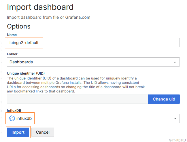 Selecting the InfluxDB data source when importing a dashboard into Grafana