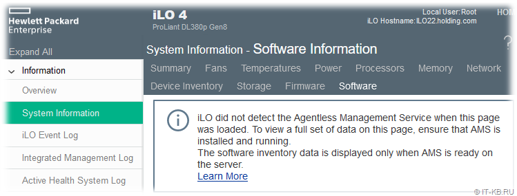 iLO did not detect the Agentless Management Service when this page was loaded. To view a full set of data on this page, ensure that AMS is installed and running. The software inventory data is displayed only when AMS is ready on the server.