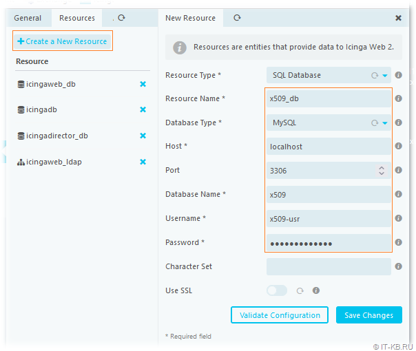 Creating a new database resource for the x509 Certificate Monitoring module in Icinga Web 2