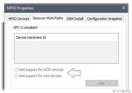 Options "Add support for iSCSI devices" and "Add support for SAS devices" on the "Discover Multi-Paths" tab: