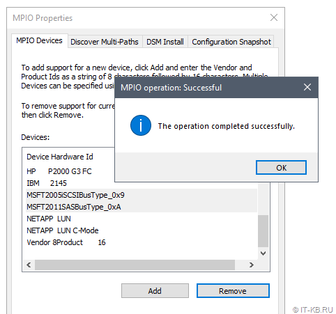 Disable the options "Add support for iSCSI devices" and "Add support for SAS devices" on the "Discover Multi-Paths" tab for MPIO