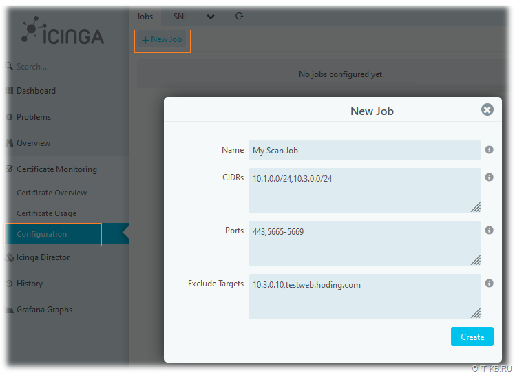 Creating a new network scanning job for the x509 module in Icinga Web 2