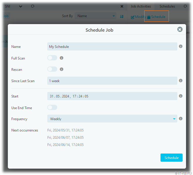 Creating a schedule for a network scanning job for the x509 module in Icinga Web 2