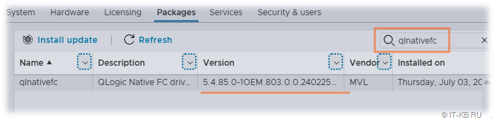 How to find the ESXi Host Client driver package version in the ESXi Host Client web interface on VMWare ESXi 8.0