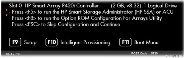 Press F5 to run the HP Smart Storage Administrator (HP SSA) or ACU